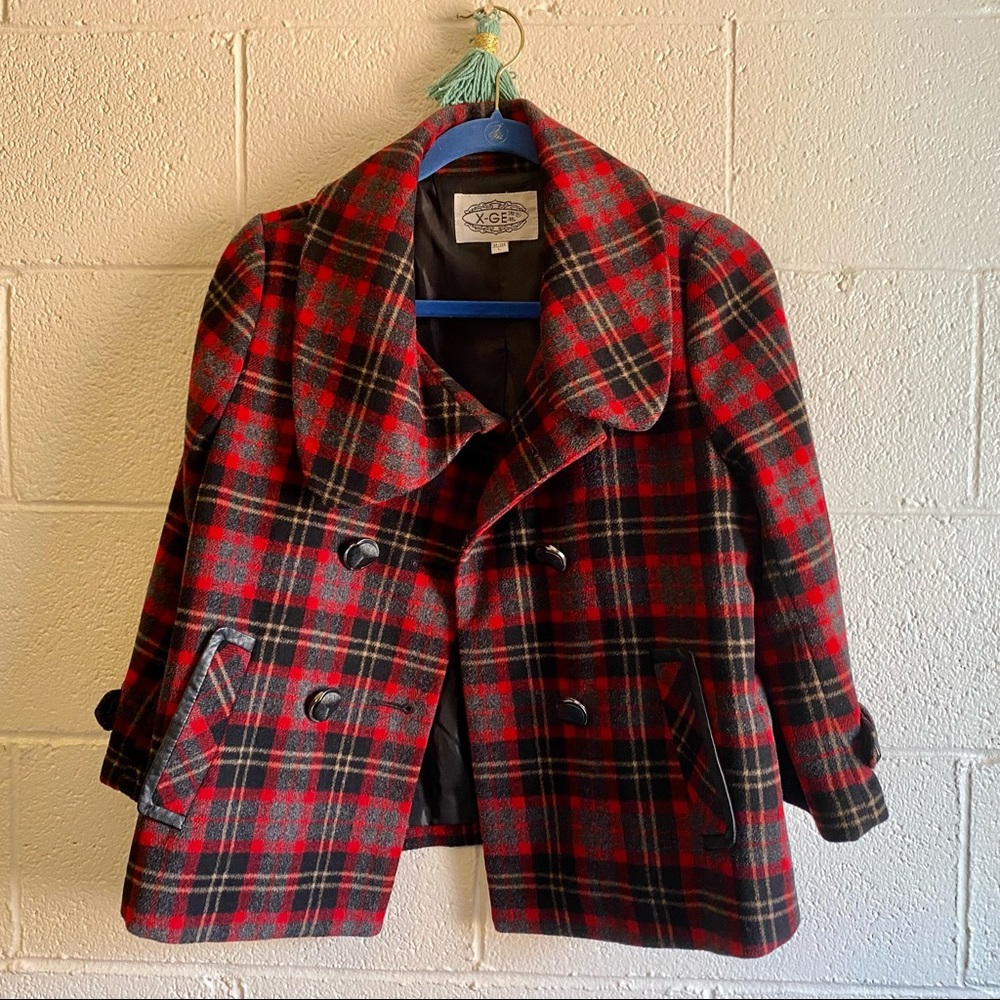 Red plaid crop jacket 50% wool